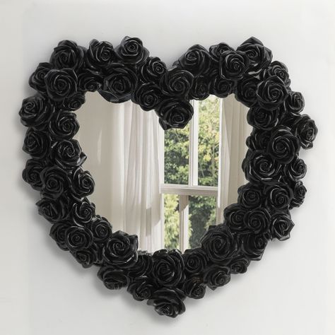 Heart Shape Mirror, Black Resin, Home Decor Mirror, Detailed Sculpture, Collectible Art, Elegant Decor, Gothic Mirror, Decorative Mirror, Fantasy Decor, Artistic Mirror HEART SHAPE MIRROR: This detailed black resin mirror features a heart shape wreath… Gothic Room Decor Diy Wall Art, Gothic Interior Design Bedroom, Goth Aesthetic Room Decor, Black Rose Decor, Black And Silver Home Decor, Girly Goth Decor, Romantic Goth Room Decor, Black And Pink Home Decor, White Goth Decor