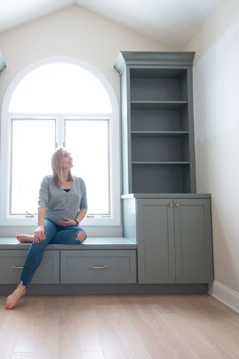 I am so happy we added custom built ins to our girls nursery. I am sharing how I came up with the design and how we installed them. Head to the blog to see the entire process on how we installed these nursery built ins. | Nursery Build-ins | Built In Bookshelves | Built In Install Nursery Drawer Organization, Sage Green Nursery, Green Bookshelves, Window Seat Ideas, Window Bench Seat, Nursery Closet Organization, Office Built Ins, Simple Nursery, Diy Playbook