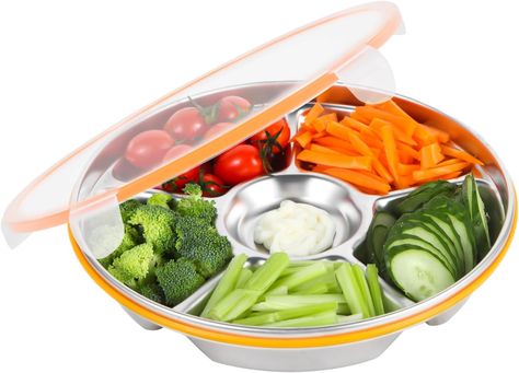 🥗 STAINLESS STEEL MATERIAL: Motith Large Compartment Veggie Tray With Lid Is Made Of Stainless Steel, Which Is Non-toxic, Harmless, Odorless, Safe And Healthy, And Easy To Clean. The Transparent Lid Is Made Of Pp Material Plastic, -40-110℃, Suitable For Dishwashers And Refrigerators Snackle Box, Fruit Trays, Dip Tray, Snack Organizer, Party Platter, Vegetable Tray, Game Snacks, Veggie Tray, Party Platters