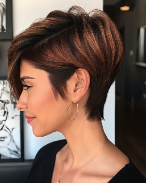 Deep Cinnamon Layered Pixie with Long Bangs Auburn Pixie Haircut, Auburn Pixie, Pixie With Long Bangs, Voluminous Layers, Deep Side Part, Layered Pixie, Trendy Bob Hairstyles, Best Bob Haircuts, Subtle Balayage