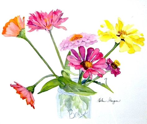 Watercolor Zinnias, Zinnia Flowers, Flower Sketches, Fall Watercolor, Watercolor Flower Art, Watercolor Flowers Paintings, Learn Art, Easy Watercolor, Watercolor Inspiration