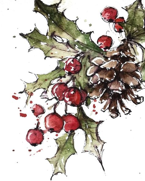 Agata (@painted.by.agata) • Instagram photos and videos Christmas Bells Watercolor Painting, Line And Wash Christmas Watercolor, Loose Watercolor Christmas Cards, Notecard Ideas, Christmas Watercolors, Xmas Watercolor, Christmas Scrapbook Paper, Watercolor Autumn Leaves, Winter Drawings