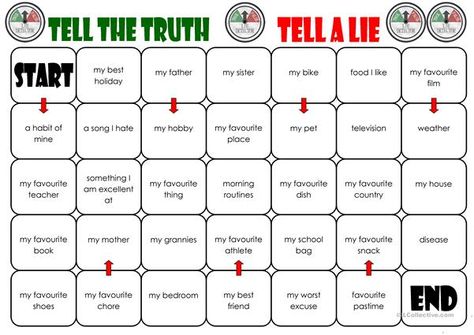 Tell the Truth/Tell a Lie Board Game - English ESL Worksheets Esl Board Games, Sunday School Worksheets, Speaking Games, Esl Games, English Games, Speaking Activities, Truth And Lies, English Activities, School Worksheets