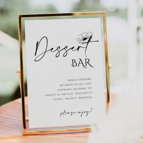 Dessert Bar Menu Sign, Dessert Table Sign Ideas, Dessert Bar Restaurant, Dessert Signs For Wedding, Modern Wedding Dessert Table, Wedding Dessert Table Ideas Elegant, Dessert Table Signs Wedding, Bridal Shower Dessert Table Sign, Simple Wedding Dessert Table