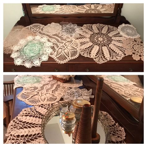 Dresser Scarf Ideas, Vintage Dressers, Doilies, Table Runners, Entryway Tables, Dresser, Sewing, Knitting, Crochet