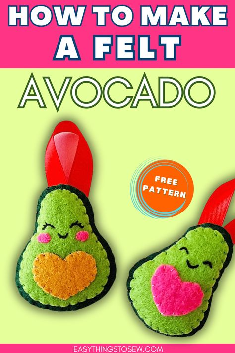 Free pattern to sew a felt avocado plushie. Cute hand sewing project. Plushie Free Pattern, Avocado Plushie, Felt Avocado, Avocado Pattern, Felt Craft Projects, Hand Sewing Projects, Felt Crafts Diy, Fun Ornaments, Diy Halloween Projects