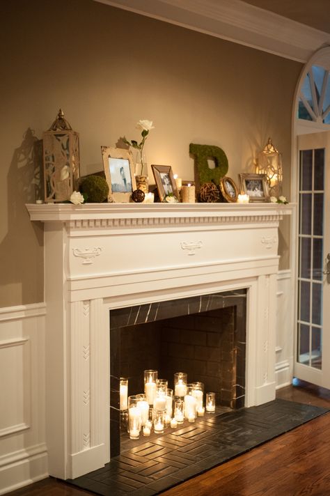 Romantic Candle Fireplace Decor Faux Foyer, Candle Fireplace, Fireplace Decor Candles, Empty Fireplace Ideas, Candles Decoration, Faux Fireplace Mantels, Romantic Candle, Fake Fireplace, Faux Fireplace Diy