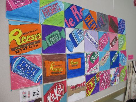 The main focus of this unit was to learn about recognizing shapes (positive and negative). We also learned about the art movement Pop Art. Each student received a delicious piece of candy to use as a... Drawing Chocolate, Candy Art Projects, Pop Art Projects For Elementary, Candy Art Drawing, Pop Art For Kindergarten, Pop Art Candy Wrappers Lesson, Pop Art Candy, Candy Pop Art, Pop Art Lessons For Elementary