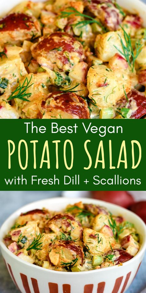 This delicious vegan potato salad with dill and scallions uses fresh herbs and crunchy veggies for a comforting yet refreshing, spring-inspired flavor. Egg free, dairy free. A perfect vegan comfort food side dish for picnics, cookouts, BBQ parties, etc. Potato Salad With Dill, Dill Potato Salad, Dill Potato, Vegan Potato Salad, Salad With Dill, Potato Salad Dill, Dill Potatoes, Potato Salad Recipe Easy, Vegan Potato Salads