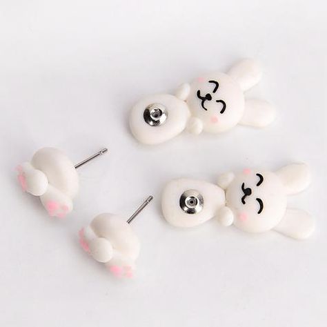 Handmade White Rabbit Earrings Clay Rabbit, Metal Magic, Polymer Clay Kawaii, Rabbit Earrings, Handmade Clay Jewelry, Clay Diy Projects, Polymer Clay Jewelry Diy, Polymer Crafts, Cute Polymer Clay