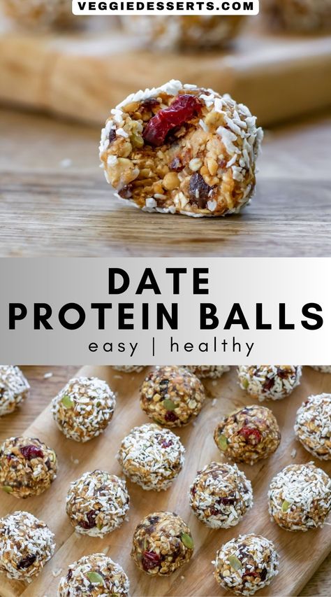 Date Energy Ball with a bite out, plus rows of them on a wooden board, with text: Date Protein Balls. Date Protein Balls, Protein Balls Healthy, Protein Balls Recipes, Energy Bites Recipes, Healthy Protein Snacks, Energy Ball Recipe, Protein Bites, Fruit Salads, Protein Balls