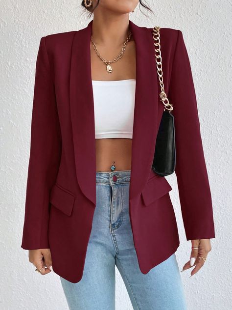 Spring Autumn Casual Solid Color Shawl-Collar Blazer Burgundy Casual  Long Sleeve Fabric Plain Regular Non-Stretch  Women Clothing, size features are:Bust: ,Length: ,Sleeve Length: Dark Red Blazer Outfit, Burgundy Blazer Outfit Woman, Burgundy Blazer Outfit, Burgandy Blazer, Blazer Outfits Women, Red Blazer Outfit, Shawl Collar Blazer, Burgundy Blazer, Casual Suits