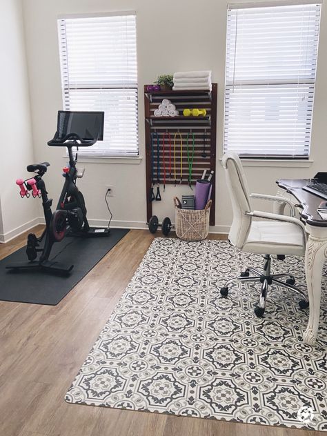 Workout Area In Office, Black Furniture Office Decor, Organize Spare Room, Peloton In Office Ideas, Exercise Space Home, Small Peloton Space, Small Gym Office Combo Work Spaces, Office And Workout Room Combo Ideas, Home Gym Office Combo Small Spaces