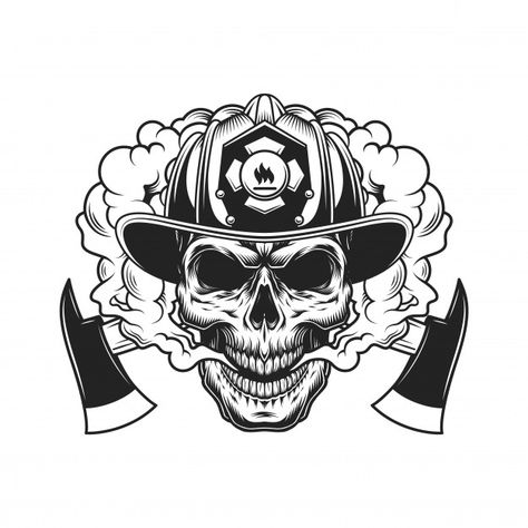 Firefighter skull and crossed axes | Free Vector #Freepik #freevector #logo #vintage #cloud #fire Firefighter Skull, Firefighter Cross, Fire Dept Logo, Firefighter Logo, Firefighter Tattoo, Fireman Helmet, Fire Fighter Tattoos, Hunting Tattoos, Skull Fire