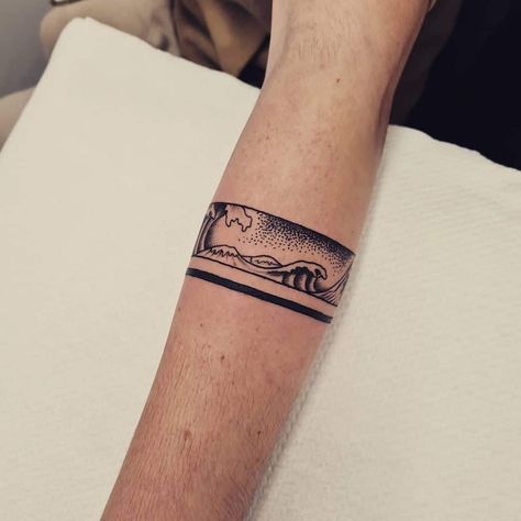 Wave Inspired Arm Bracelet Tattoo Sea Band Tattoo, Wave Band Tattoo, Wave Armband Tattoo, Band Arm Tattoo, Arm Bracelet Tattoo, Bracelet Tattoos With Names, Bracelet Tatoo, Bracelet Tattoo For Man, Upper Arm Cuff Bracelet