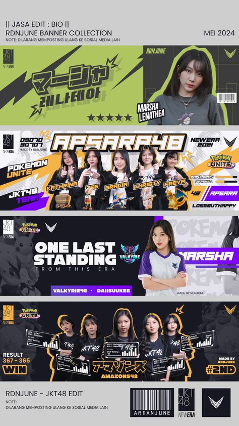 BANNER JKT48 TIKTOK: RDNJUNE Esport Graphic Design, Exhibition Banner Design, Twitter Header Design, Hiphop Poster, Exhibition Banners, Linkedin Cover Photo, Gradient Color Design, Banner Design Layout, Shirt Logo Design