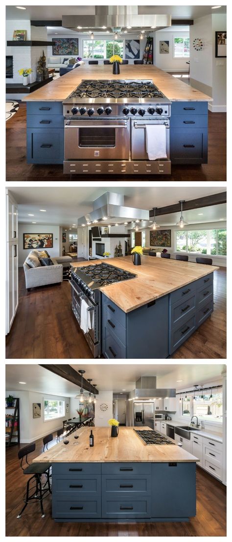 Beautiful! Find out how this Bluestar Kitchen Design Winner created this modern look for his fabulous kitchen! Island With Stove, Kitchen Island With Stove, Interior Dapur, Farmhouse Kitchen Island, Kabinet Dapur, Kitchen Inspiration Design, Unique Kitchen, Kitchen Remodel Idea, Design Kitchen