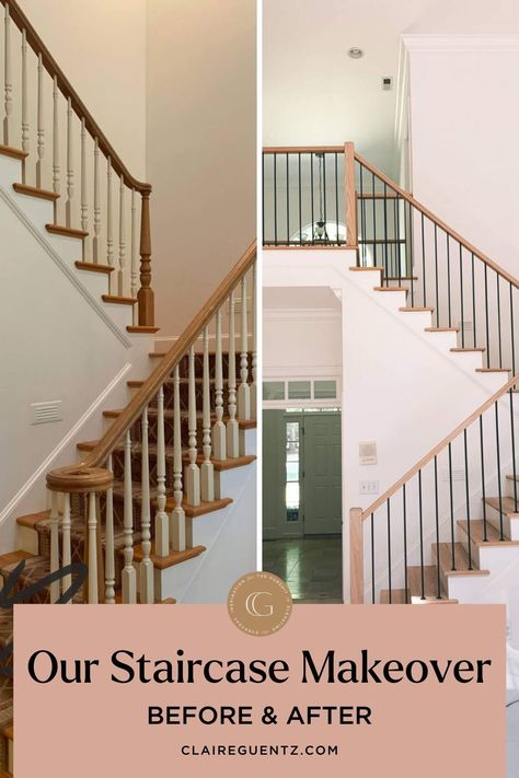 Modern Staircase Railing Unique, Modern Staircase Lighting, Modern Farmhouse Staircase, Modern Staircase Railing, Home Decor Stairs, Redo Stairs, Stair Railing Makeover, Farmhouse Staircase, Diy Stair Railing