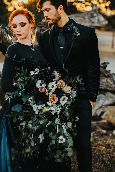 How To Have A Dark And Dramatic Themed Wedding Goth Wedding Groomsmen, Goth Groomsmen, Dark Spring Wedding, Dark Theme Wedding, Black Weddings, Dark Wedding Theme, Groom Wedding Attire, Goth Wedding, Dark Wedding