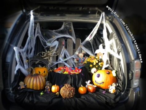 Trunk or Treat Ideas for Your Car or Truck For Halloween & Fall Festivals! Spider Web Trunk Or Treat, Trick Or Trunk Ideas For Trucks, Halloween Car Decorations, Church Trunk, Trunk Or Treat Ideas, Fall Carnival, Treat Ideas, The Trunk, Trunk Or Treat