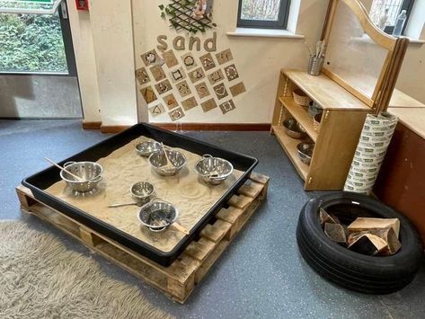 Under 2s Room Eyfs, Curiosity Approach Preschool Activities, Reggio Sand Area, Early Years Sand Area, Curiosity Approach Sand Area, Early Years Baby Room Ideas, Eyfs Malleable Area, Eyfs Room Layout, Sand And Water Area Eyfs