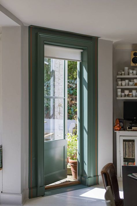 How to add impact with unexpected colour green smoke and charlottes locks Door Trim Ideas, Most Popular Paint Colors, Trim Ideas, Decoration Pictures, Beautiful Entryways, Green Windows, Popular Paint Colors, Door Trim, Hus Inspiration