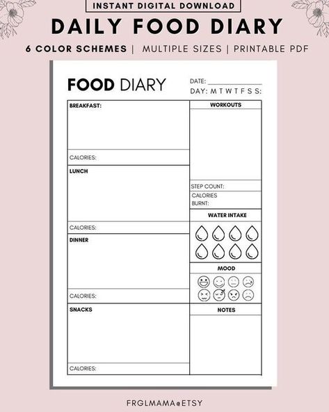 Daily Food Diary Printable, A4 A5 Printable Daily Food Journal, Minimalist Daily Calorie Tracker, Daily Calorie Counting, Food Diary, PDF - Etsy Canada passionplanner #freehomeschoolplanner Food Diary Printable, Daily Food Journal, Diary Printable, Food Diary Template, Diary Template, Weekly Menu Planners, Calorie Tracker, A5 Printables, Food Log