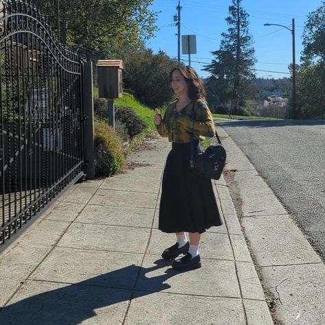 Outfit with Dazy plaid cardigan and black midi pleated skirt, Dr. Martens heart bag, and Vagabond loafers Dr Martens Heart Bag Outfit, Dr Martens Heart Bag, Black Pleated Midi Skirt Outfit, Midi Pleated Skirt Outfit, Black Midi Skirt Outfit, Vagabond Loafers, How To Style Doc Martens, Pleated Midi Skirt Outfit, Midi Pleated Skirt