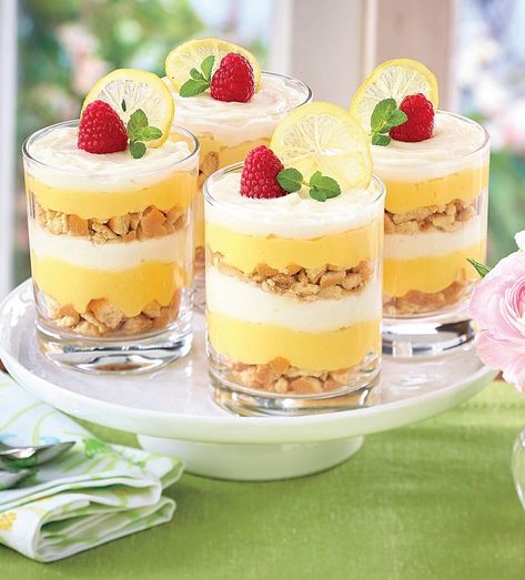 Creamy Lemon Parfaits Layered Parfait Desserts, Lemon Parfait Cups, Lemon Curd Parfait, Lemon Cake Cups, Lemon Parfait Desserts, Parfait Cake, Dessert Sampler, Rainbow Picnic, Lemon Parfait