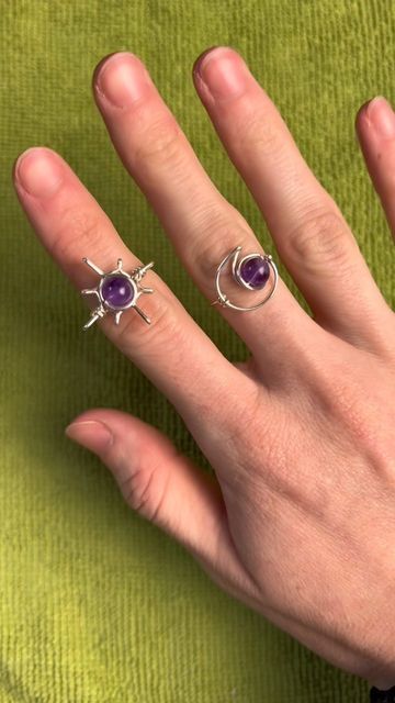 Amethyst Rings, Tangled Sun, Sun And Moon Rings, Planet Ring, Wire Jewelery, Ring Tutorial, Moon Ring, Wire Wrapping Crystals, Wire Wrapping Stones