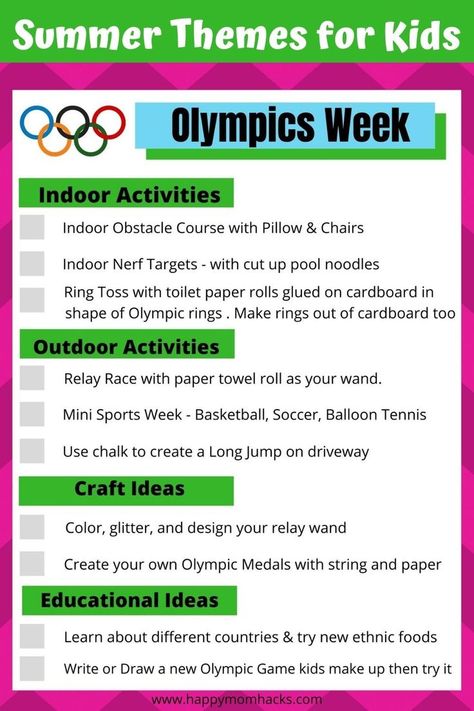 Plan a Fun Summer Camp at Home with Olympics Week and 7 other easy-to-follow Camp Themes. Make a mom camp with indoor & outdoor activities for kids, summer crafts, and educational ideas for the… Outdoor Activities For Kids Summer, Day Camp Activities, Summer Camp Sports, Camping Activites For Kids, Summer Camp At Home, Camp At Home, Camp Themes, Nanny Ideas, Kids Olympics