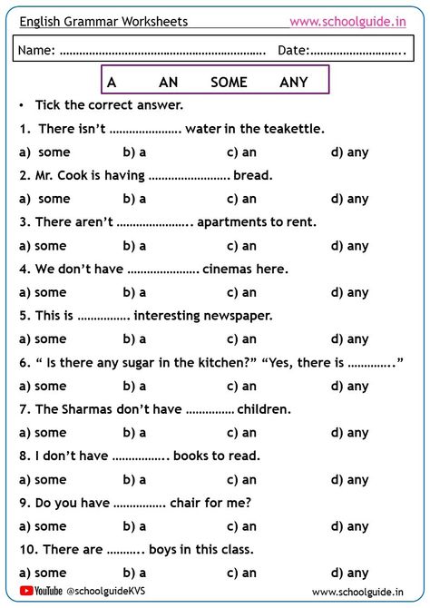 Free Printable A, An, Some, Any WOrksheets | Free English Grammar Printable Worksheets | Determiners Worksheets | School Guide Some And Any Worksheets, Determiners Grammar Worksheets, A An Some Any Worksheet, A An The Articles Worksheets, Determiners Worksheets, Some Any Worksheet, A An Worksheet, English Level Test, Macbeth Lessons