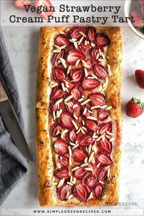 This super easy Vegan Strawberry Cream Puff Pastry Tart is the perfect Summer dessert. It is made in no time and using natural and healthy ingredients. You’re going to love it for its simplicity. #vegan #dairyfree #dessert #healhty #easy #veganbaking #tart #strawberry #summer Strawberry Cream Puff Pastry, Strawberry Cream Puff, Cream Puff Pastry, Dairyfree Dessert, Strawberry Cream Puffs, Tart Strawberry, Vegan Dessert Bars, Vegan Pies Recipes, Puff Pastry Cream Puffs