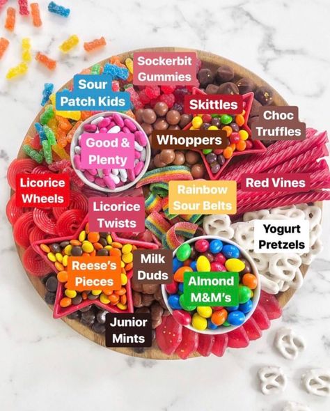 Sweets Charcuterie Board Ideas, Sleepover Food Snacks, Movie Night Candy, Movie Night Snack Board, Treat Boards, Candy Platter, Candy Charcuterie Board, Candy Charcuterie, Jelly Gummies