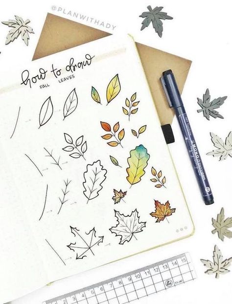 bullet journal October Journal Doodle Ideas, Thanksgiving Doodles, Plant Doodles, Fall Doodles, Bullet Journal October, Leaves Doodle, Planet Drawing, Space Drawings, Easy Doodles