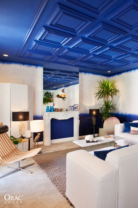 Bold Interior Design, Blue Interior Design, Orac Decor, Plafond Design, Contemporary Room, Ceiling Panels, Ceiling Tiles, Coffered Ceiling, Blue Interior