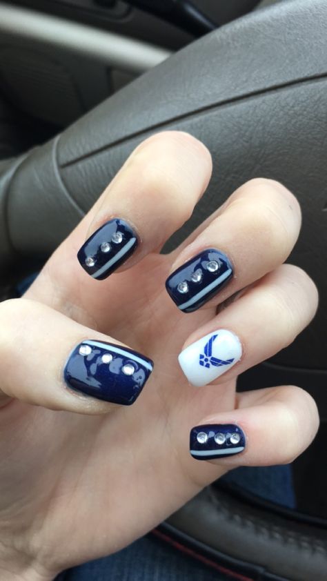 Got these done to support my husband  #airforce #nails Air Force Sister, Airforce Nails Designs Air Force, Airforce Decoration, Air Force Nails Designs, Air Force Nails, Airforce Girlfriend, Military Nails, Good Nails, Military Retirement