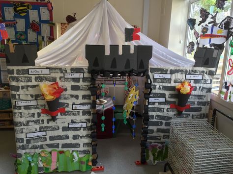 Outside castle role play area Castle Role Play Area, Fairytale Display, Role Play Areas Eyfs, Castle Theme Classroom, Kingdom Vbs, Forest Classroom, Role Play Areas, Castle Home, Nursery Teacher