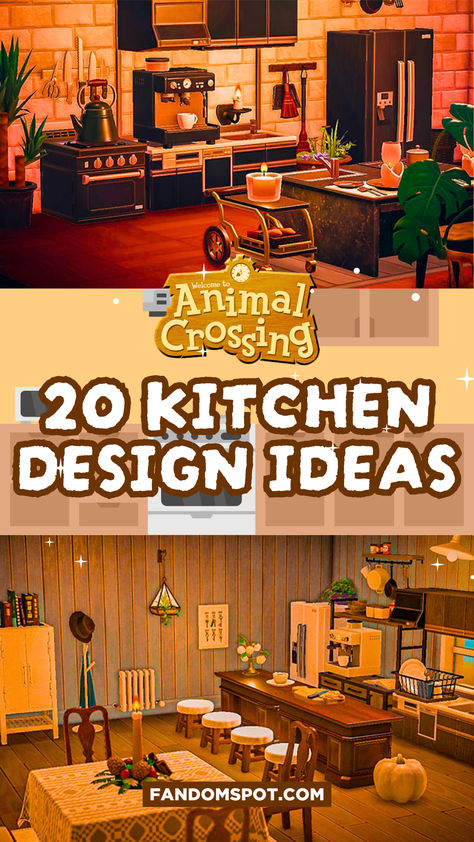 Custom ACNH kitchen designs for a spotless interior build in ACNH. From rustic kitchens to modern designs and everything inbetween, this inspiration gallery has plenty of designs to mimic in your villger's house. Acnh Kitchen Layout, Animal Crossing Kitchen Designs, Kitchen Ideas Animal Crossing, Acnh Kitchen Ideas, Acnh Outdoor Kitchen, Acnh Kitchen, Acnh House Interior Main Room, Animal Crossing House Ideas Interior, Acnh Entrance Designs Resident Services