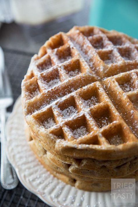 Whole Wheat Greek Yogurt Waffles // Start your morning with a healthy and nutritious breakfast. Made with wholesome ingredients these waffles are a delicious addition to your mornings. Made with Greek yogurt they've got the extra pep you'll need in your step! | Tried and Tasty Light Brunch Ideas, Greek Yogurt Waffles, Yogurt Waffles, Healthy Nutritious Breakfast, Wheat Waffles, Waffle Iron Recipes, Healthy Waffles, Breakfast Waffles, Nutritious Breakfast