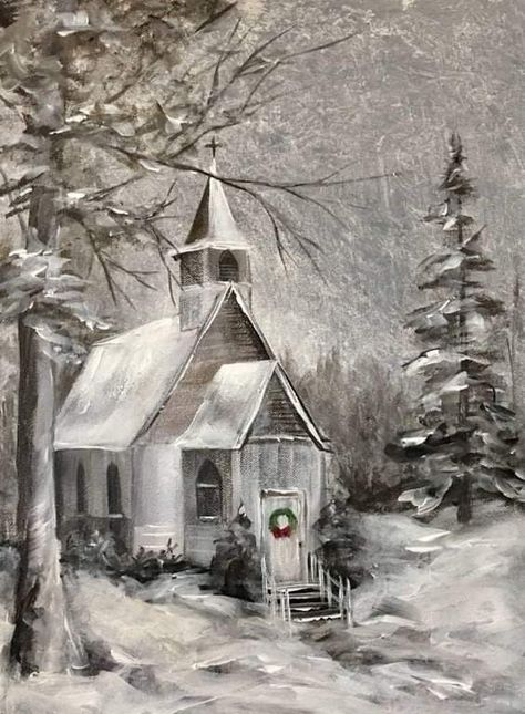 Christmas Church Painting, Church Painting, Christmas Paintings On Canvas, Christmas Church, Winter Painting, Table Of Contents, Christmas Scenes, Christmas Paintings, Painting Art Projects