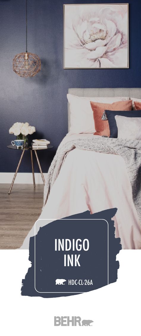 When paired with blush pink, rose gold, neutral gray, and bright white accent colors, Behr Paint in Indigo Ink makes a bold statement in this girly-chic bedroom. Traditional style with a modern twist, we’re loving the contrast of this dark blue wall color against the softer, more feminine pieces of home decor. Click below to learn more about this trending shade of navy blue. Blue Wall Colors, Bedroom Traditional, Dark Blue Walls, Behr Paint, Gold Bedroom, Trendy Living Rooms, Bedroom Paint Colors, Gray Bedroom, Trendy Bedroom