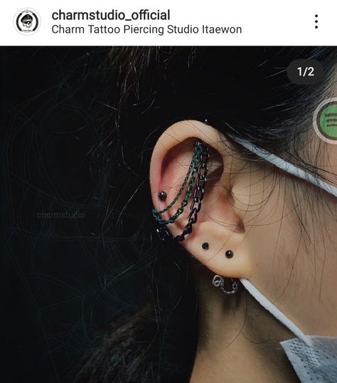 An ear featuring black ball ends in the lobe, helix, and vertical helix, and a black gem high lobe. The vertical helix is connected to the helix by a thick black chain and two thinner dark green chains. A silber snake hangs from the lobe. Black Ear Curation, Ear Piercing Ideas Black, Ear Curation, Black Jewellery, Ear Piercing Ideas, Accessory Inspo, Curated Ear, Piercing Ideas, Ear Piercing