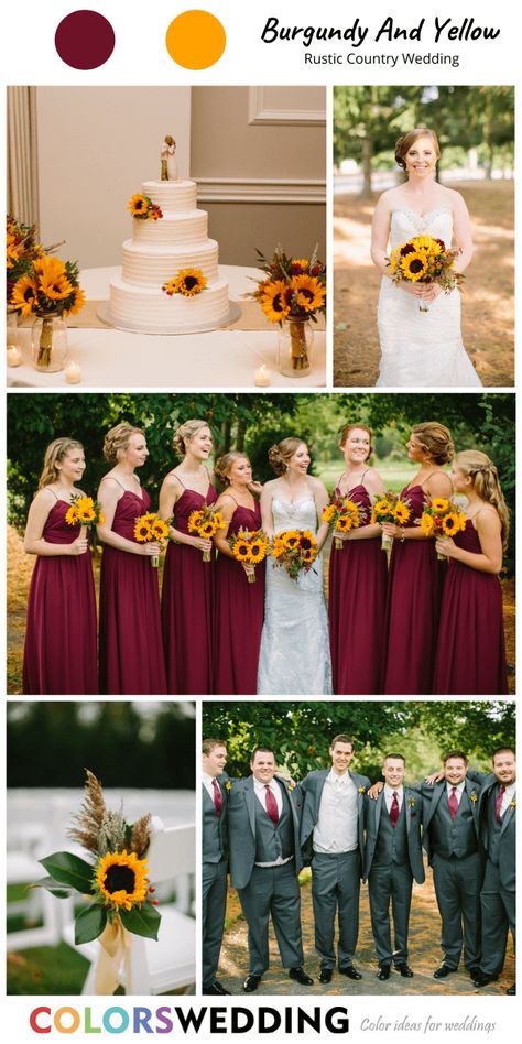 Mustard Wedding Theme, Country Wedding Colors, Yellow Boutonniere, Wine Bridesmaid Dresses, Rapunzel Wedding, Teal Wedding Colors, Burgundy Wedding Cake, Sunflower Wedding Decorations, Sunflower Themed Wedding