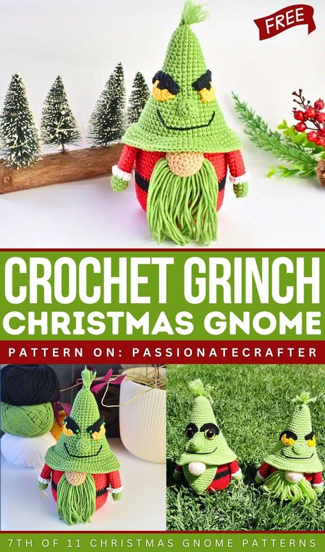 Crochet Grinch gnome Crochet Christmas Grinch, Crochet Grinch Gnome, Grinch Hat Crochet Pattern Free, Crochet Grinch Pattern Free, Grinch Crochet Pattern Free, Crochet Grinch Hat, Crochet Christmas Gnome, Grinch Crochet, Crochet Grinch