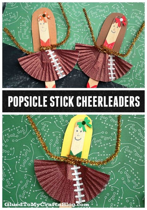 #gluedtomycrafts Popsicle Stick Cheerleader Puppet – Kid Craft Spirit Week Arts And Crafts, Cheer Camp Crafts For Kids, Cheer Camp Crafts, Cheer Crafts For Kids, Cheerleader Crafts, Cheerleader Ideas, Peewee Cheer, Cheerleading Crafts, Cheer Crafts