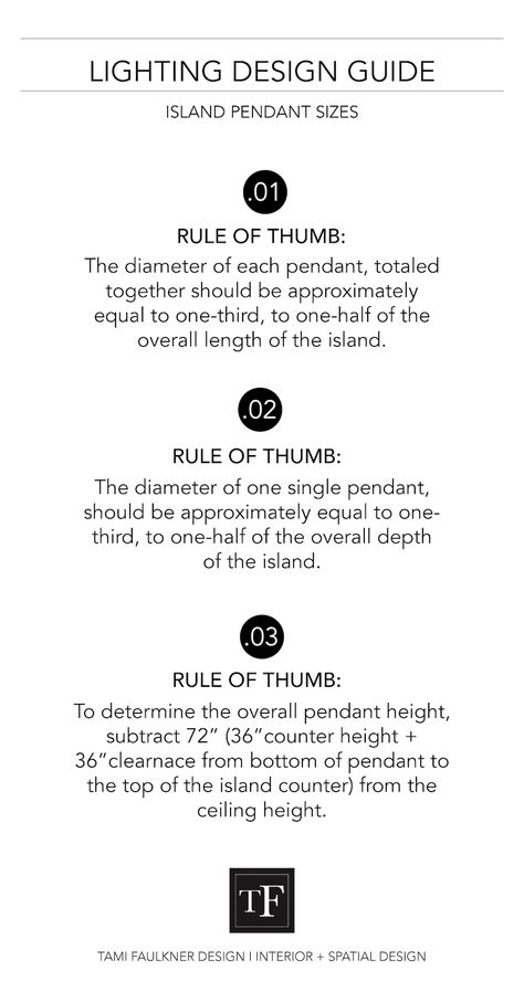 HOW TO DETERMINE PENDANT SIZES FOR KITCHEN ISLANDS — TAMI FAULKNER DESIGN Single Pendant Over Island, Kitchen Island Size Guide, White Kitchen Islands, Kitchen Island Size, Tami Faulkner, Building A Custom Home, Custom Kitchen Island, Custom Floor Plans, Rule Of Thumb