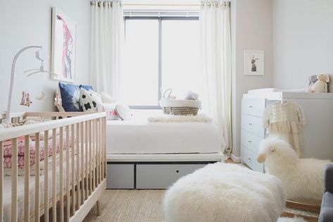 Chic boy's nursery features two tone crib next to a twin guest bed facing a gray lacquered dresser and changing table. Nursery With Daybed, Baby Room Chair, Shabby Chic Nursery Girl, Small Nursery, Shabby Chic Nursery, Changing Table Dresser, Dream Nurseries, White Nursery, Baby Room Furniture