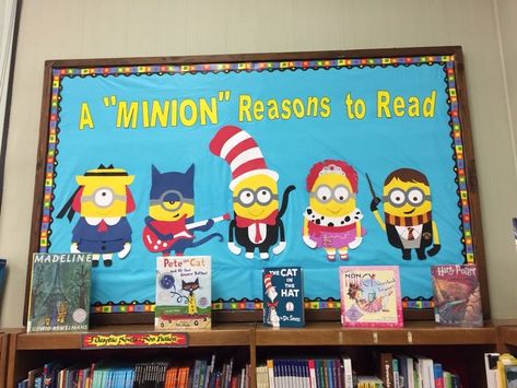 Reading Bulletin Boards Elementary Ideas, Book Character Bulletin Board Ideas, Book Cover Bulletin Board, Minion Bulletin Board Ideas, Elementary Library Bulletin Board Ideas, Literacy Bulletin Board Ideas, Minion Bulletin Board, Literacy Bulletin Boards, School Library Book Displays