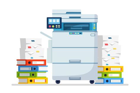 Printer, office machine with paper, document stack. Scanner, copy equipment. Paperwork. Multifunction device. Vector cartoon design Office Machine, Coworking Office, Multifunction Printer, Illustration Story, Copy Paper, Documents Organization, Printer Scanner, Printer Paper, Scanners